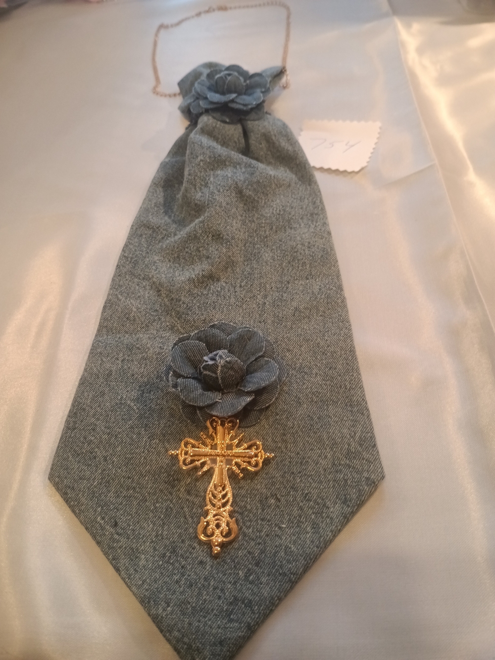 Denim Floral Cross JunkTie Necklace Necklace